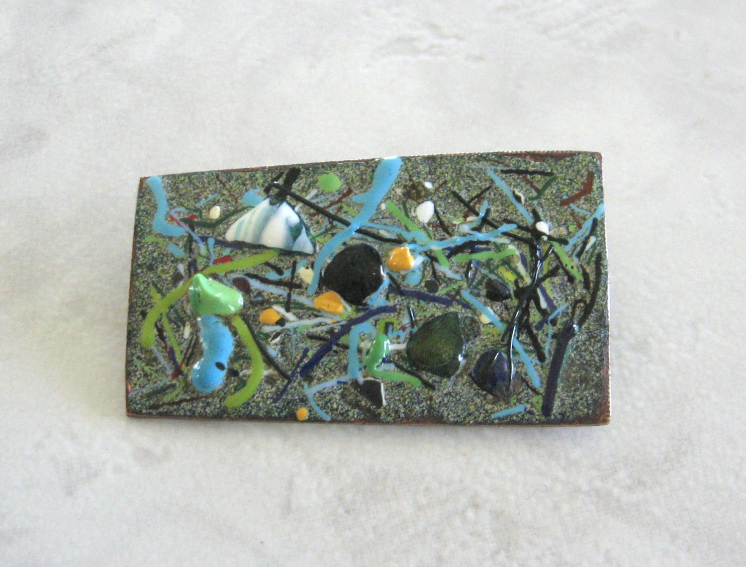 Hand Crafted Unusual Abstract Metal Enamel Painted Glass Brooch Pin Vintage Jewelry 1960s