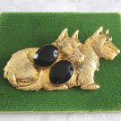 Black Faceted Stone Gold Scottish Terrier Dogs Brooch Pin Vintage Jewelry 1970s