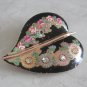 Old Black Enamel Heart Leaf Rhinestone Flower Brooch Pin Vintage Jewelry 1950s