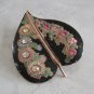 Old Black Enamel Heart Leaf Rhinestone Flower Brooch Pin Vintage Jewelry 1950s