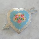 Large Silver Blue Heart with Arrow Enamel Brooch Pin Retro 1950s Vintage Jewelry