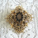 Large Black Stone Ornate Raised Brooch Pin Vintage Jewelry 1960s