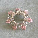 Pink Enamel Leaf Sparkly Rhinestone Brooch Pin Vintage Jewelry 1950s