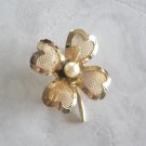 Gold Mesh Flower Pearl Four Leaf Clover Brooch Pin By Designer Coro Vintage Jewelry 1960s