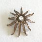 Distressed Matte Antiqued Bronze Rhinestone Flower Brooch Pin Vintage Jewelry 1960s