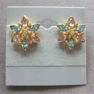 Pink & Blue Marquise Cut Stone Jeweled Flower Clip On Earrings Vintage Jewelry 1970s Pink & Blue Marquise Cut Stone Jeweled Flower Clip On Earrings Vintage Jewelry 1970s