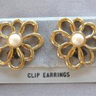 Cabochon Pearl Gold Flower Clip On Earrings Vintage Jewelry 1970s Cabochon Pearl Gold Flower Clip On Earrings Vintage Jewelry 1970s