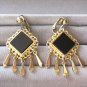 Large Black Stone Cabochon Gold Dangle Clip On Earrings By Designer Celebrity Vintage Jewelry 1950s