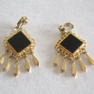 Large Black Stone Cabochon Gold Dangle Clip On Earrings By Designer Celebrity Vintage Jewelry 1950s