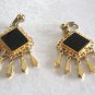 Large Black Stone Cabochon Gold Dangle Clip On Earrings By Designer Celebrity Vintage Jewelry 1950s