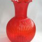 Red Ribbed Glass Ruffled Top Vase Vintage 1960s