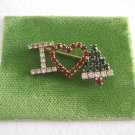 I Love Christmas Flashy Colored Jeweled Brooch Pin Vintage Holiday Jewelry 1970s