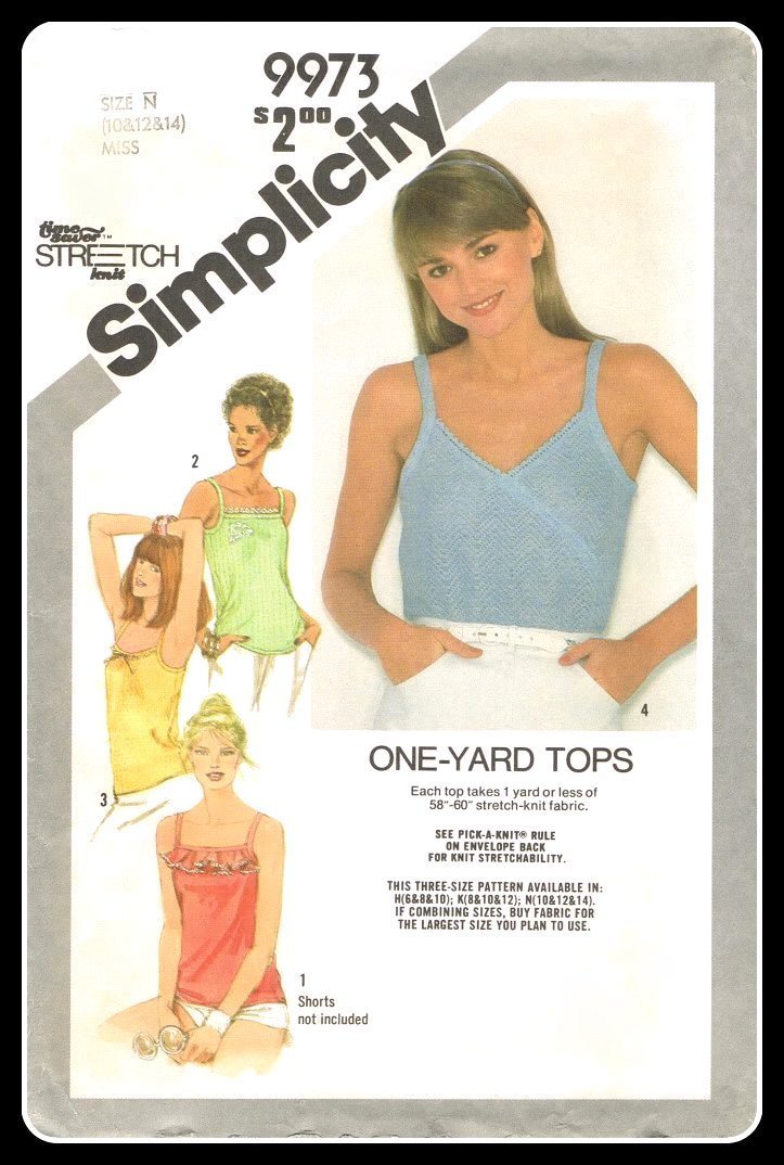 Simplicity Sewing Pattern #9973 One Yard Tank Tops Ladies Size 10-14 ...