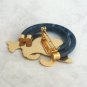 Large Gold & Blue Lucite Double Kitty Cat Brooch Unique Vintage Jewelry 1980s
