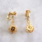 Double Rose Flower Dangle Gold Clip On Earrings Vintage Jewelry 1970s