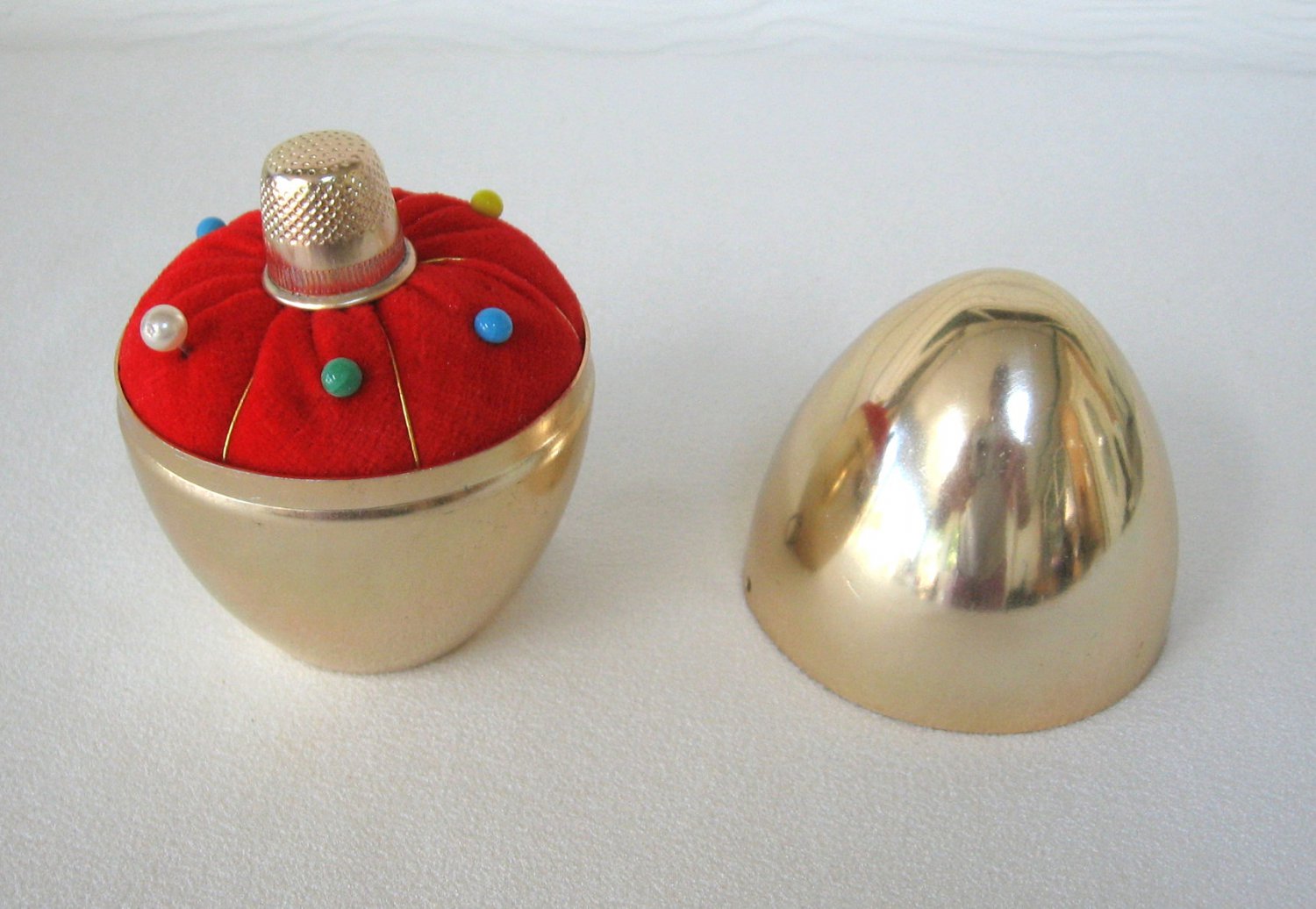 Golden Egg Tape Measure Pin Cushion Thimble Vintage Japan 1950s