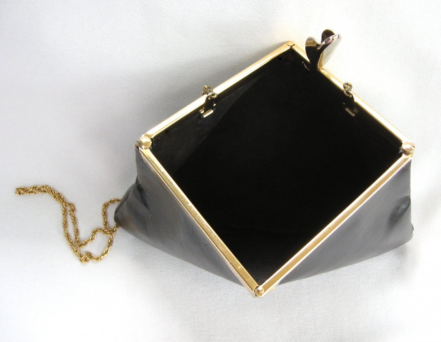 Black Leather Opened Hinged Handbag Clutch Purse Unique Style Vintage 1960s