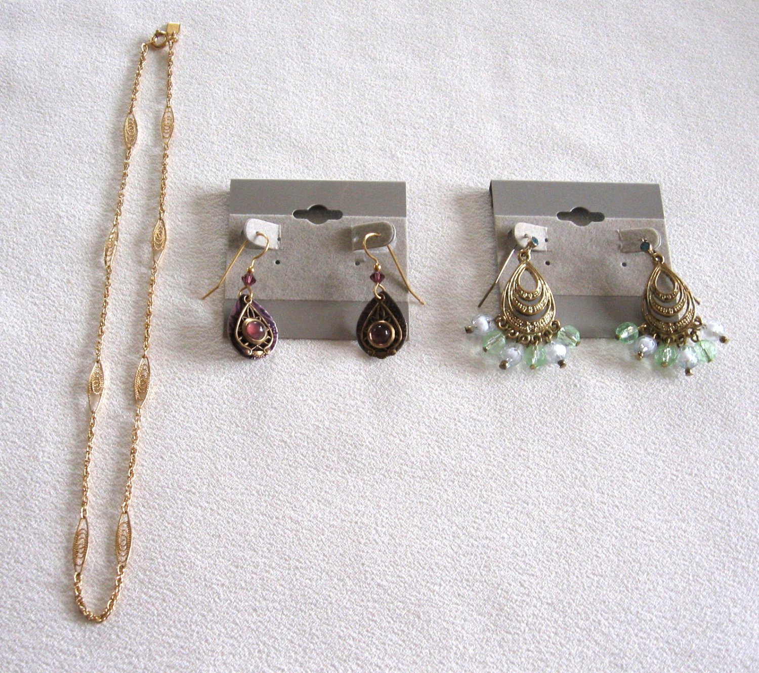 Gold Chain Necklace & 2 Pair Dangle Purple Blue Pierced Earrings 3 Pieces Vintage Jewelry 1928