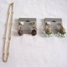 Gold Chain Necklace & 2 Pair Dangle Purple Blue Pierced Earrings 3 Pieces Vintage Jewelry 1928