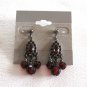 Red Garnet Marquise Dangle Beaded Pierced Earrings Gunmetal Gray Vintage Jewelry