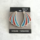 Genuine Blue & Red Turquoise Inlaid Silver Pierced Earrings Made in USA Vintage 1980s