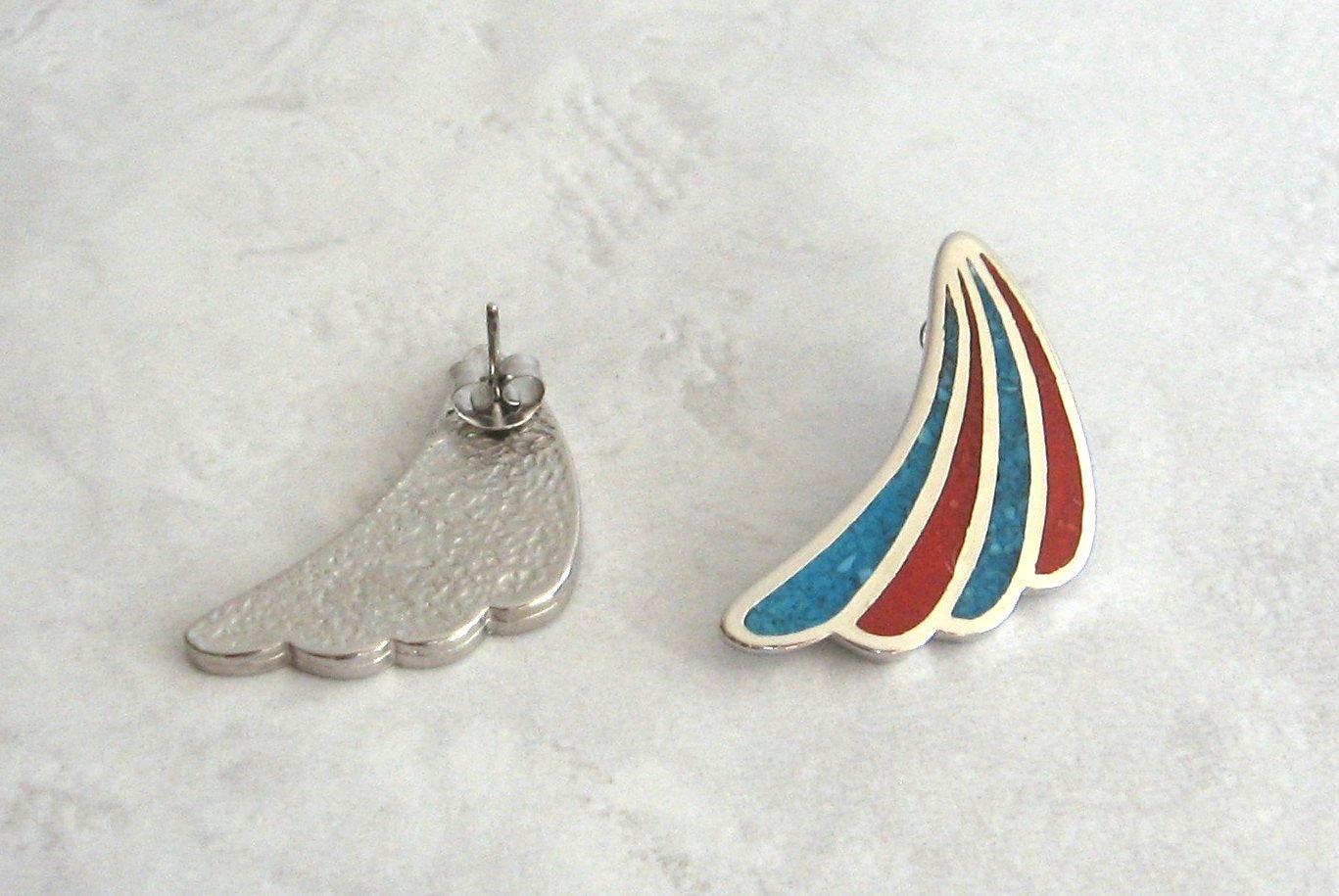 Genuine Blue & Red Turquoise Inlaid Silver Pierced Earrings Made in USA