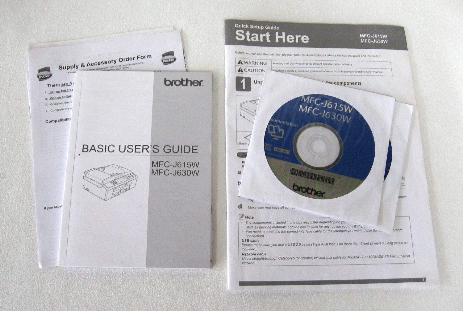 Brother Printer Quick Setup Guide Manual Books CD's MFCJ615W MFCJ630W