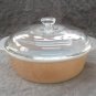 Peach Lustre Iridescent Fire King Anchor Hocking Glass Casserole Bowl & Lid Vintage 1960s