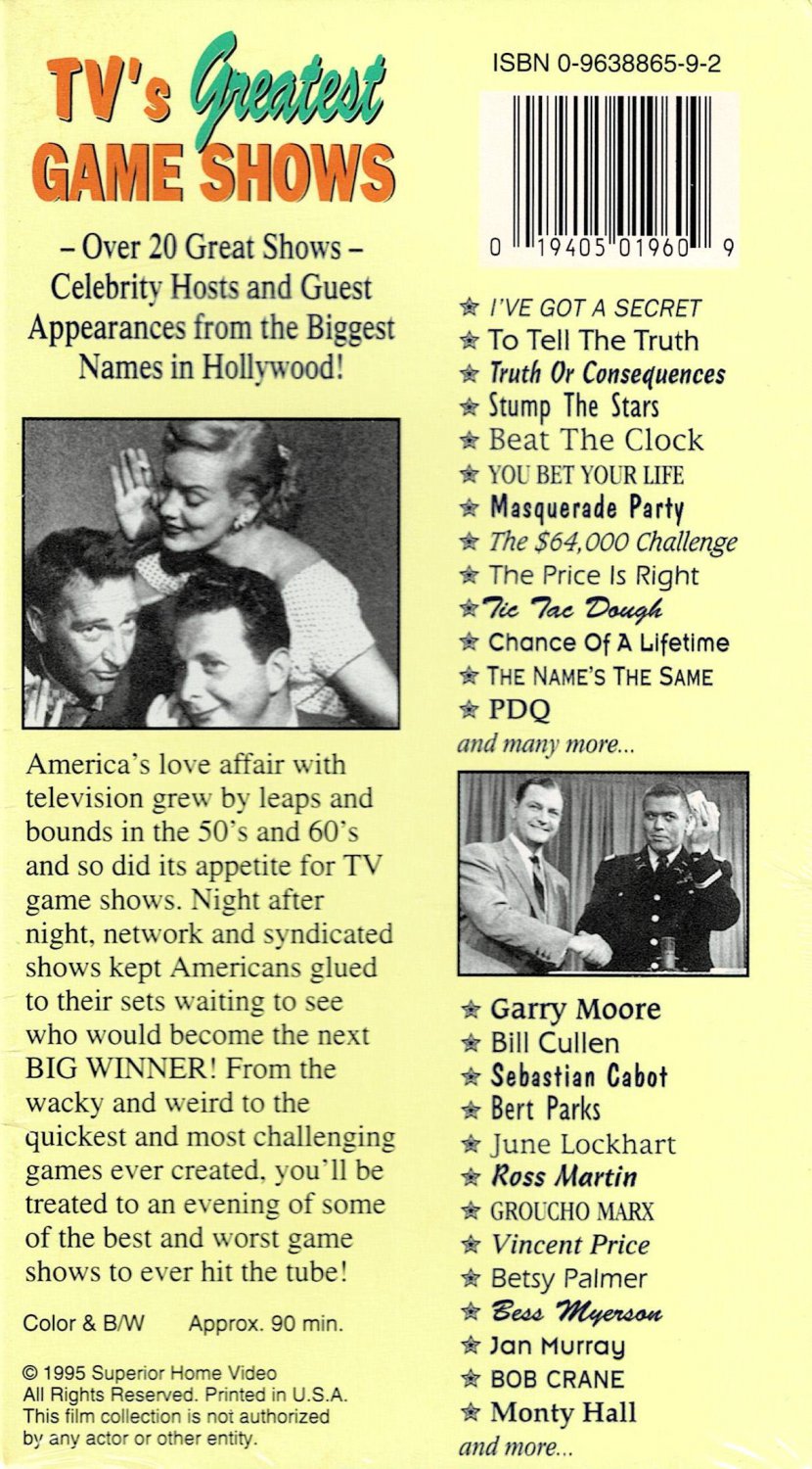 TV's Greatest Game Shows VHS Video 90 Minutes of Television's Favorite