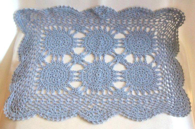 Fancy Large Country Blue Crocheted Doily Rectangular 19x13 Doilies Vintage 1990s