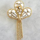 Large White Milk Glass Prong Set Stones Gold Tassel Brooch Pin Vintage Jewelry Large White Milk Glass Prong Set Stones Gold Tassel Brooch Pin Vintage Jewelry
