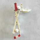 Red & Gold Golf Club Balls & Flag Brooch Pin By Designer Gerrys Vintage Jewelry 1960s