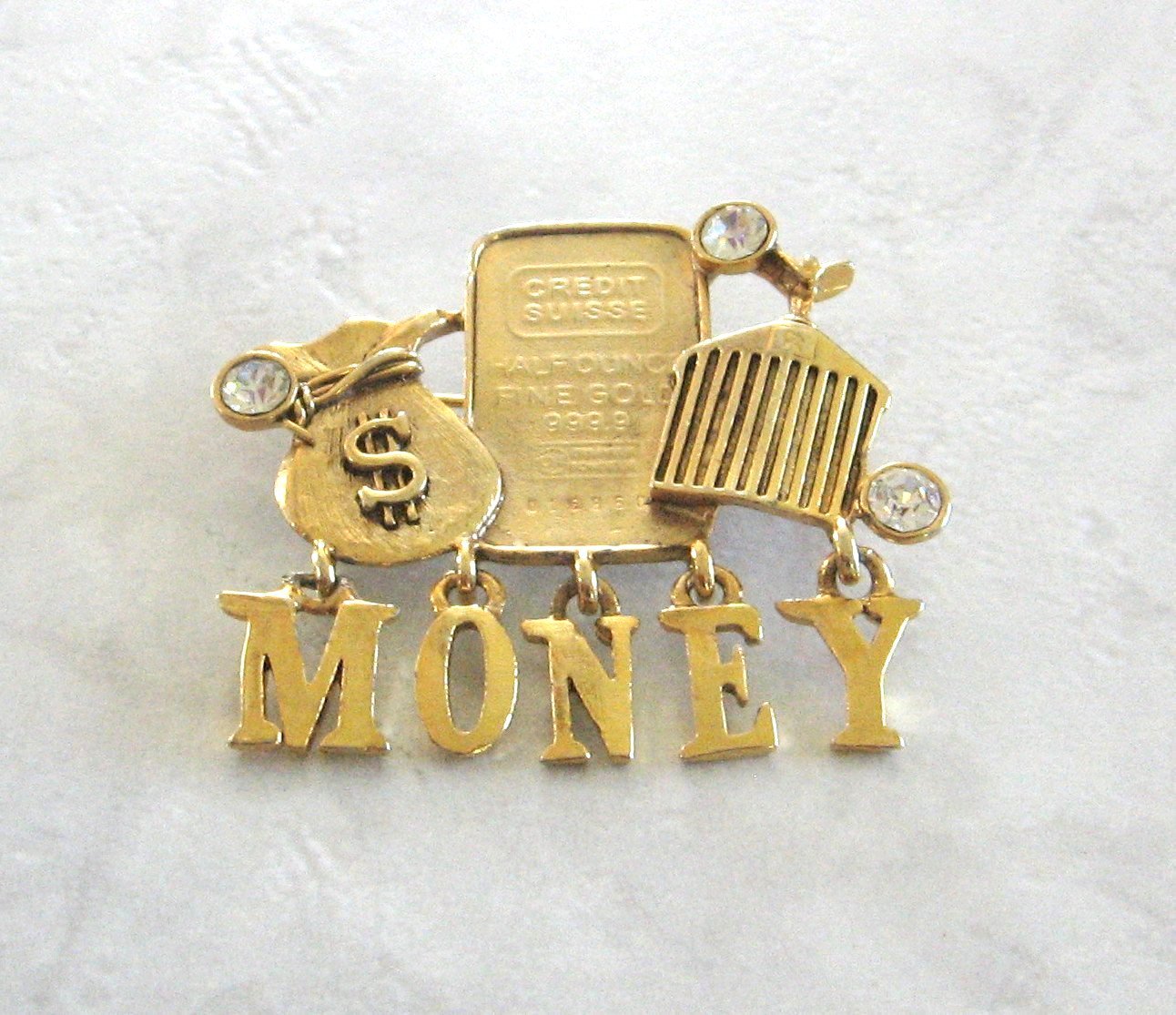 Gold Money Bag Rolls Royce Rhinestone Brooch Pin Vintage Jewelry 1980s ...
