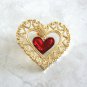 Large Swinging Dangle Red and Gold Heart Pin Lapel Brooch Vintage Jewelry 1980s