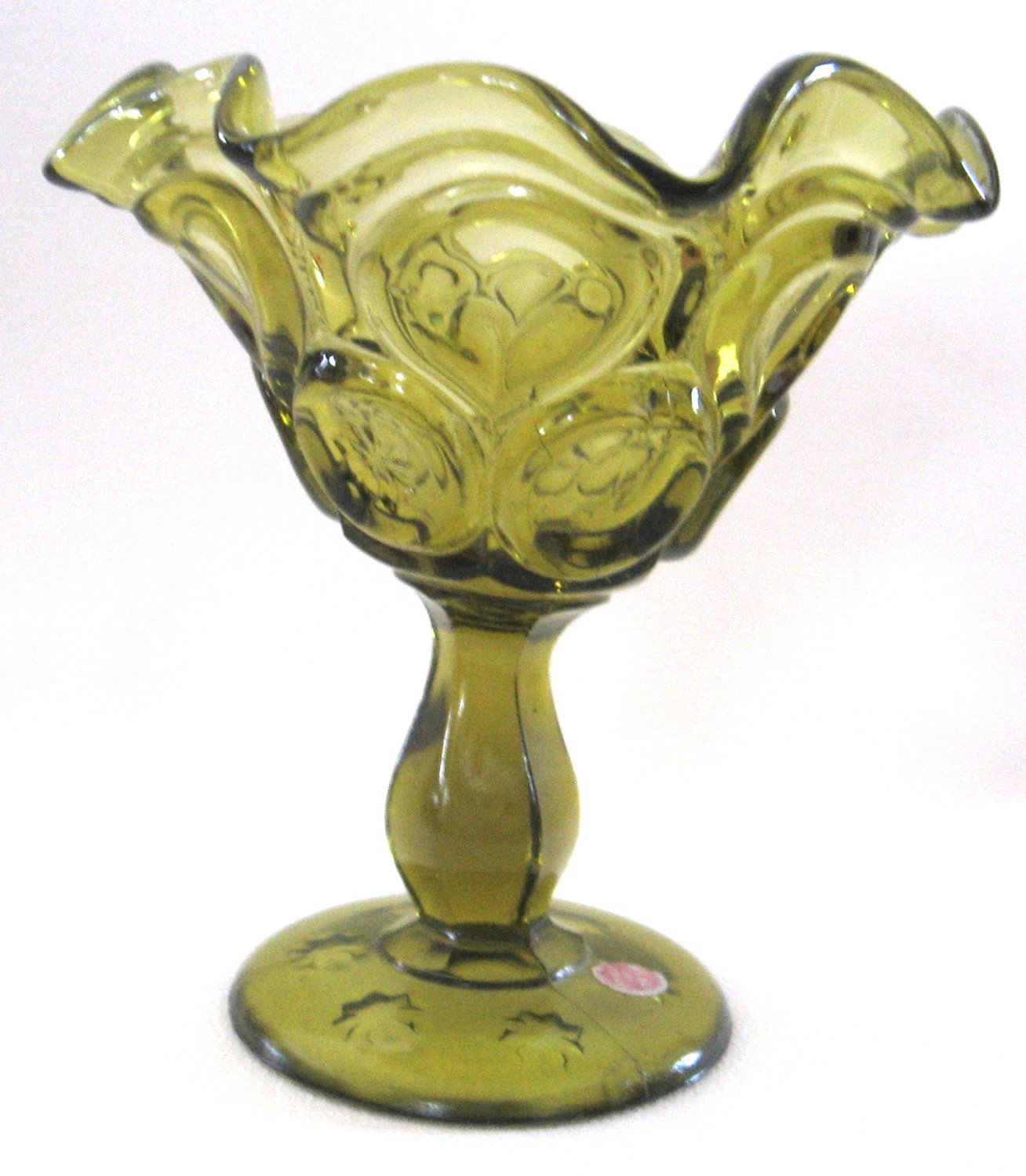 Green Glass Fluted Footed Bowl Dish Made in Italy Vintage 1950s