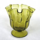 Fancy Green Glass Hand Blown Fluted Footed Bowl Dish Vintage 1960s