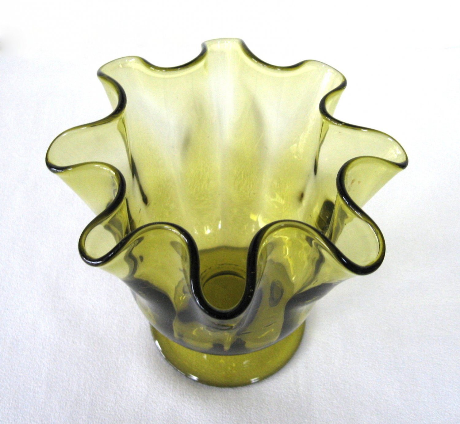 Fancy Green Glass Hand Blown Fluted Footed Bowl Dish Vintage 1960s