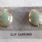 Green Oval Agate Stone Cabochon Clip On Earrings Vintage Jewelry 1970s