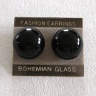 Black Cabochon Bohemian Glass Pierced Earrings Button Domed Style Vintage Jewelry 1970s