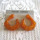 Funky Large Orange Sparkly Plastic Pierced Earrings Vintage Jewelry 1980s