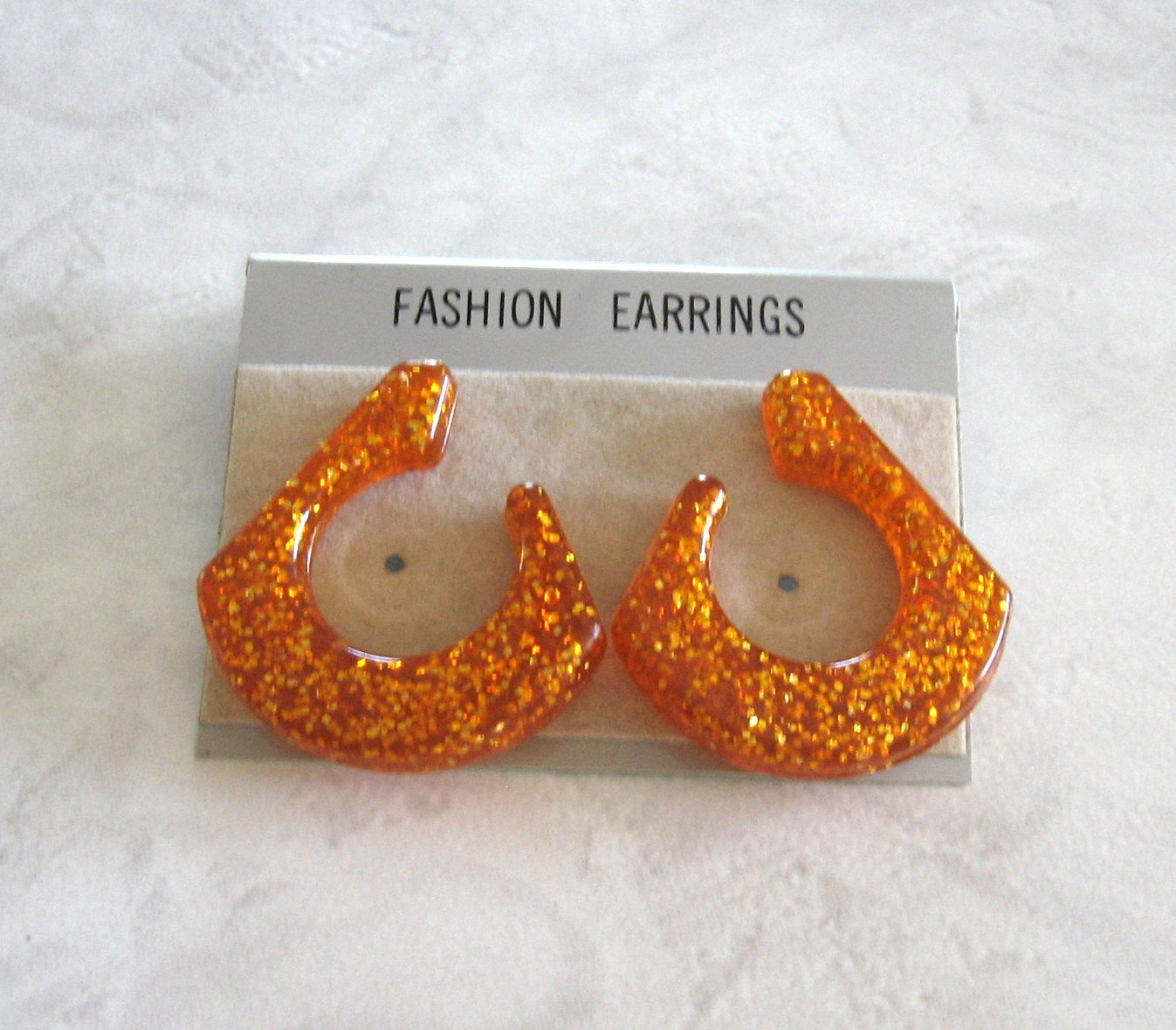 Funky Large Orange Sparkly Plastic Pierced Earrings Vintage Jewelry 1980s