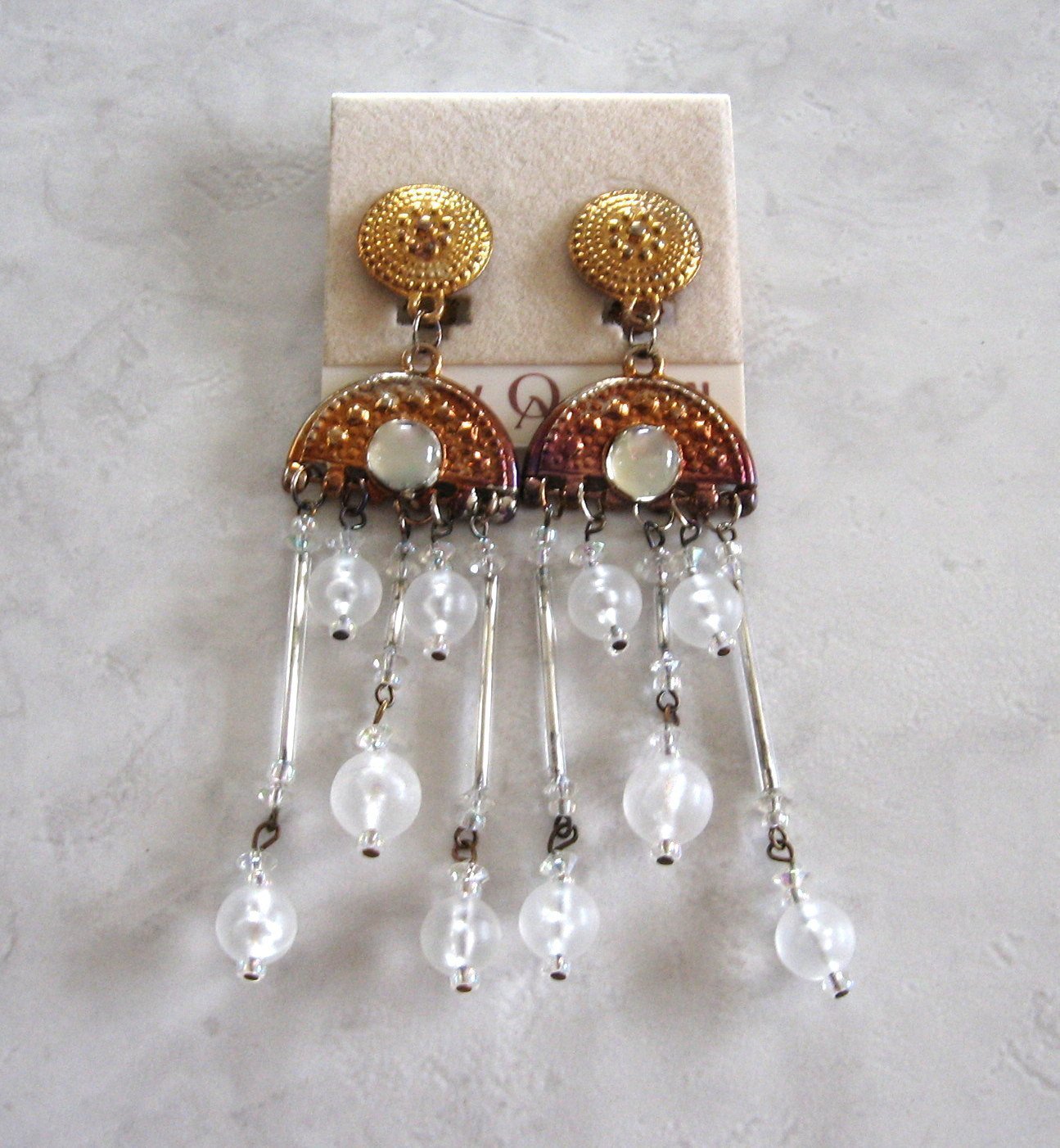 Large Aurora Borealis Beaded Dangle Clip On Earrings Designer Avery