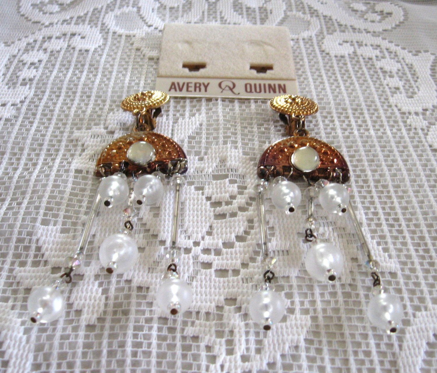Large Aurora Borealis Beaded Dangle Clip On Earrings Designer Avery