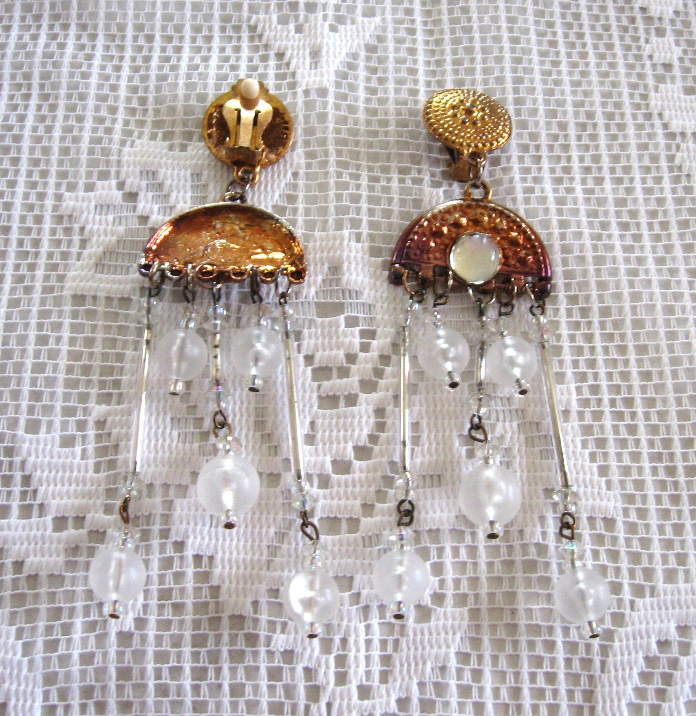 Large Aurora Borealis Beaded Dangle Clip On Earrings Designer Avery