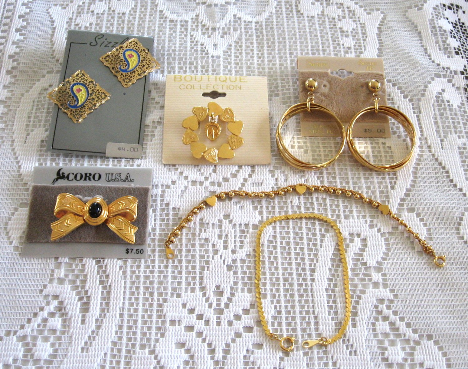 6 Pieces 2 Brooch Pins 2 Pair Pierced Earrings 2 Bracelets Coro & Sears Vintage Jewelry 1970s