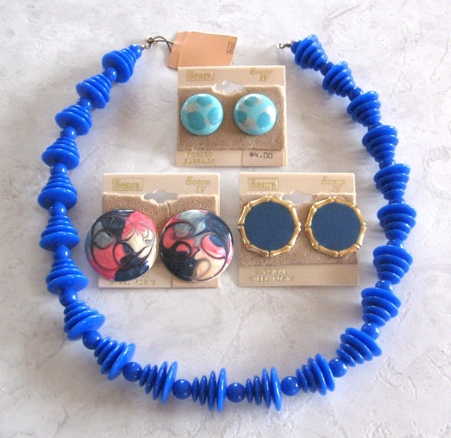 Blue Beaded Necklace & 3 Pair Pierced Earrings Retro Sears 4 Pieces Vintage 1970s