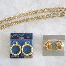 Long Gold Chain Necklace & 2 Pair Rhinestone Hoop Pierced Earrings 3 Pieces Vintage Jewelry Avon