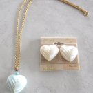 Puffed Blue Heart Mother of Pearl Pendant Shell Necklace Clip On Earrings By Sears 3 Pieces Vintage