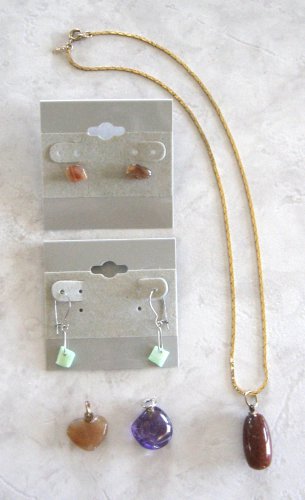 Agate Quartz Stone Pendants 2 Pair Pierced Earrings Gold Chain Necklace Monet 6 Pieces Vintage
