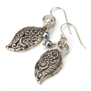 Antique Black Oxidize Leaf CZ Pearl 925 Sterling Silver Dangle Earrings New